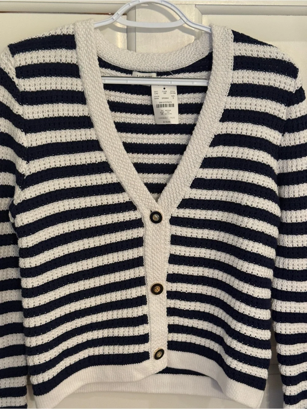 NWT! J.Crew Navy White Striped V-Neck Cardigan Sweater Size Small 6003